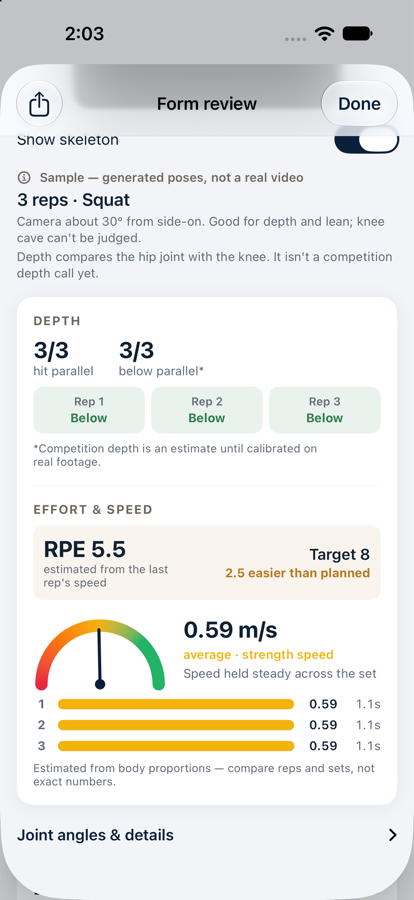 A squat set analysed: depth per rep, estimated effort and bar speed.