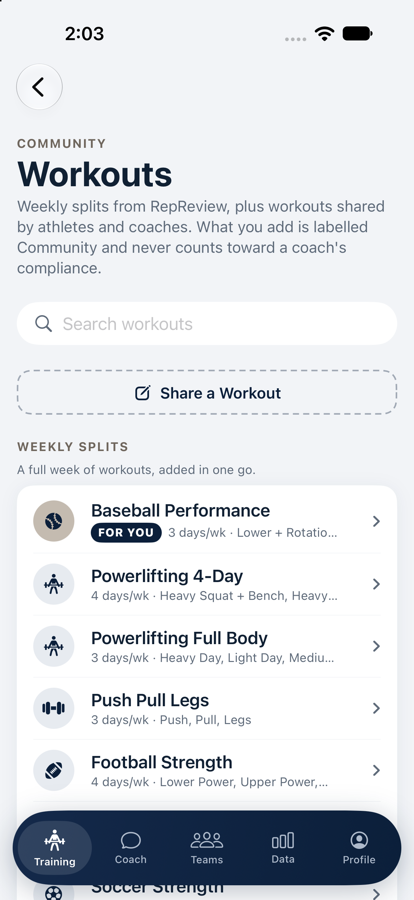 Weekly training splits inside the app.