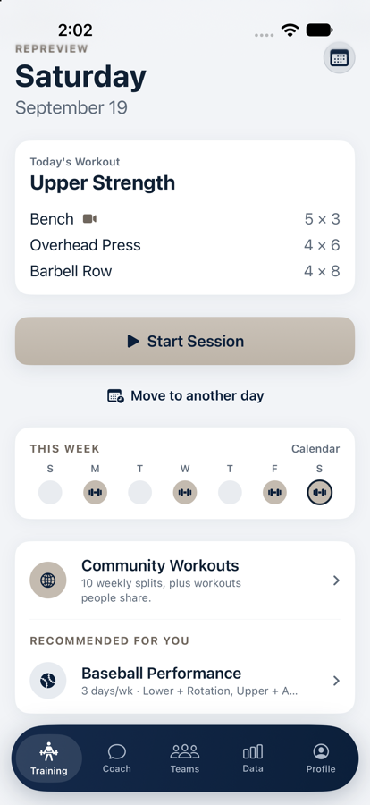 Today's workout in the RepReview app.